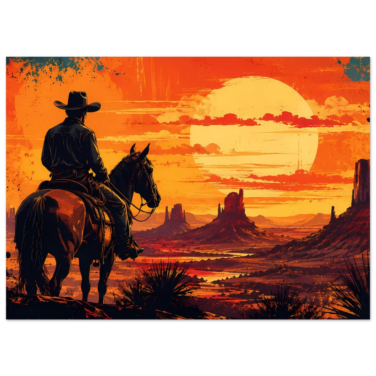 Cowboy-Poster im Querformat: Reiter mit Pferd und große gelbe Sonne über der Wüste