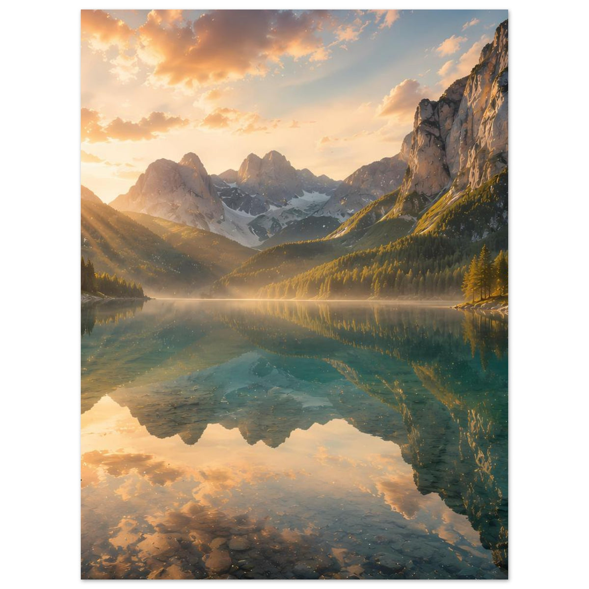 Vertikales Poster mit Bergsee bei Sonnenaufgang und spiegelnder Wasserfläche