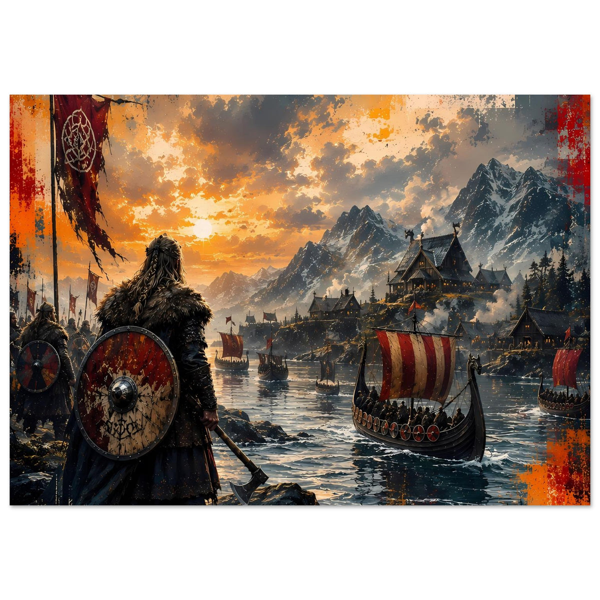Wikinger-Saga-Poster: Schildträger mit Axt und Langboot vor Bergen im dramatischen Sonnenuntergang