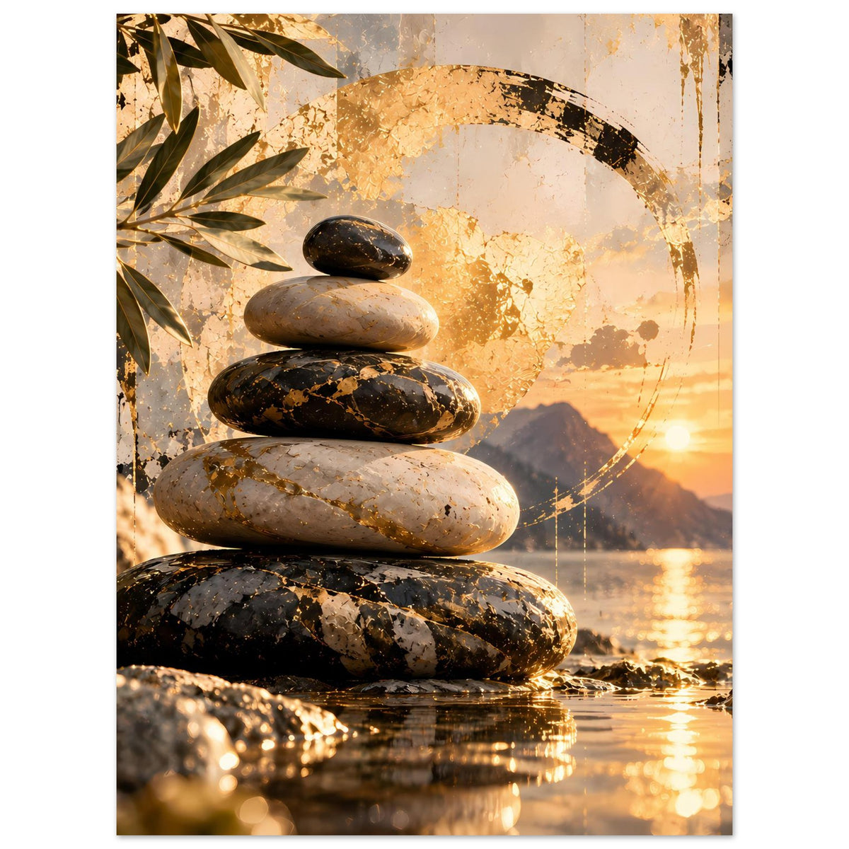 Zen-Poster mit Stapel Steinen, gold-braunen Sonnenuntergangstönen und reflektierendem Wasser
