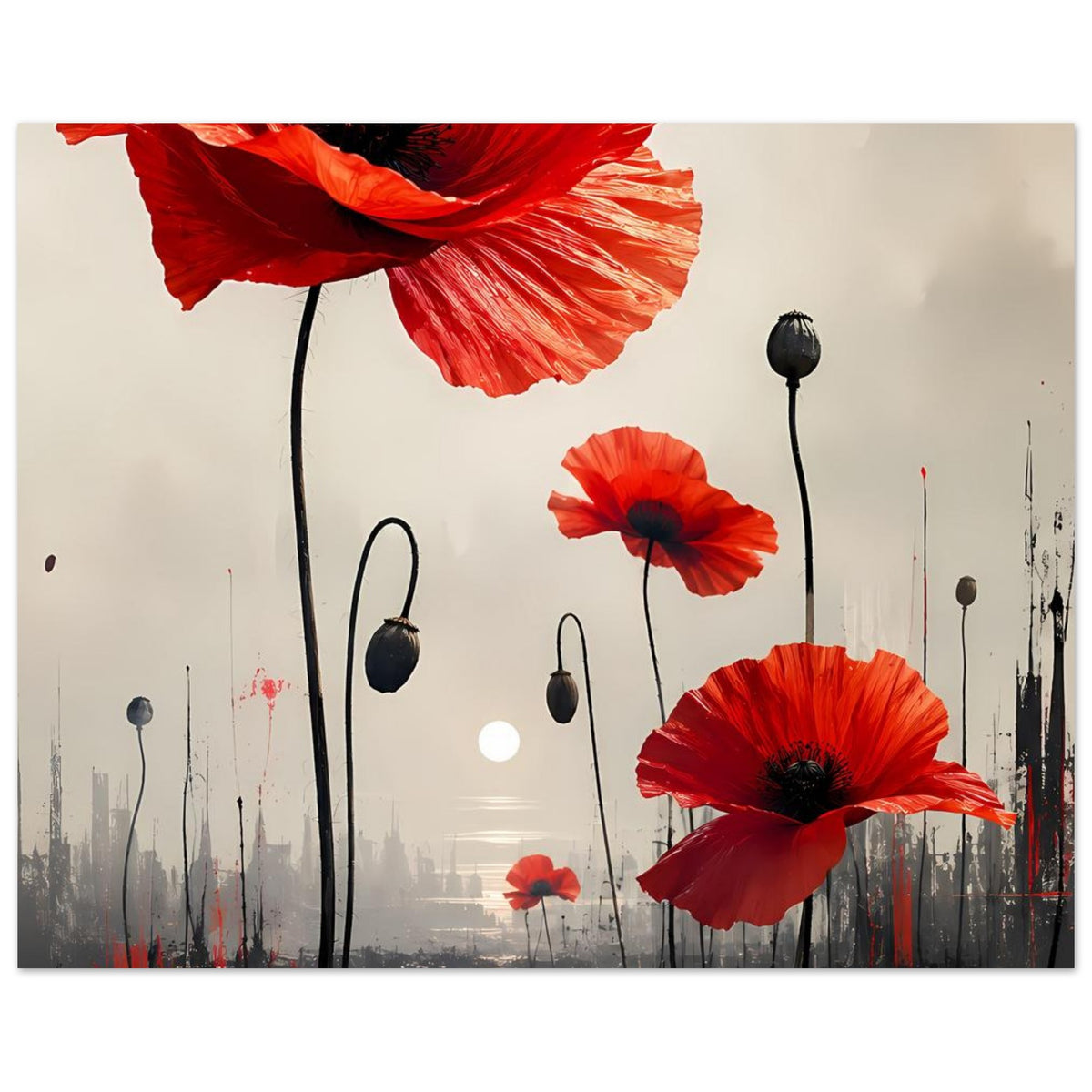 Blumenposter mit roten Mohnblüten, weit unten kleinere Blüten, schwarze Stiele