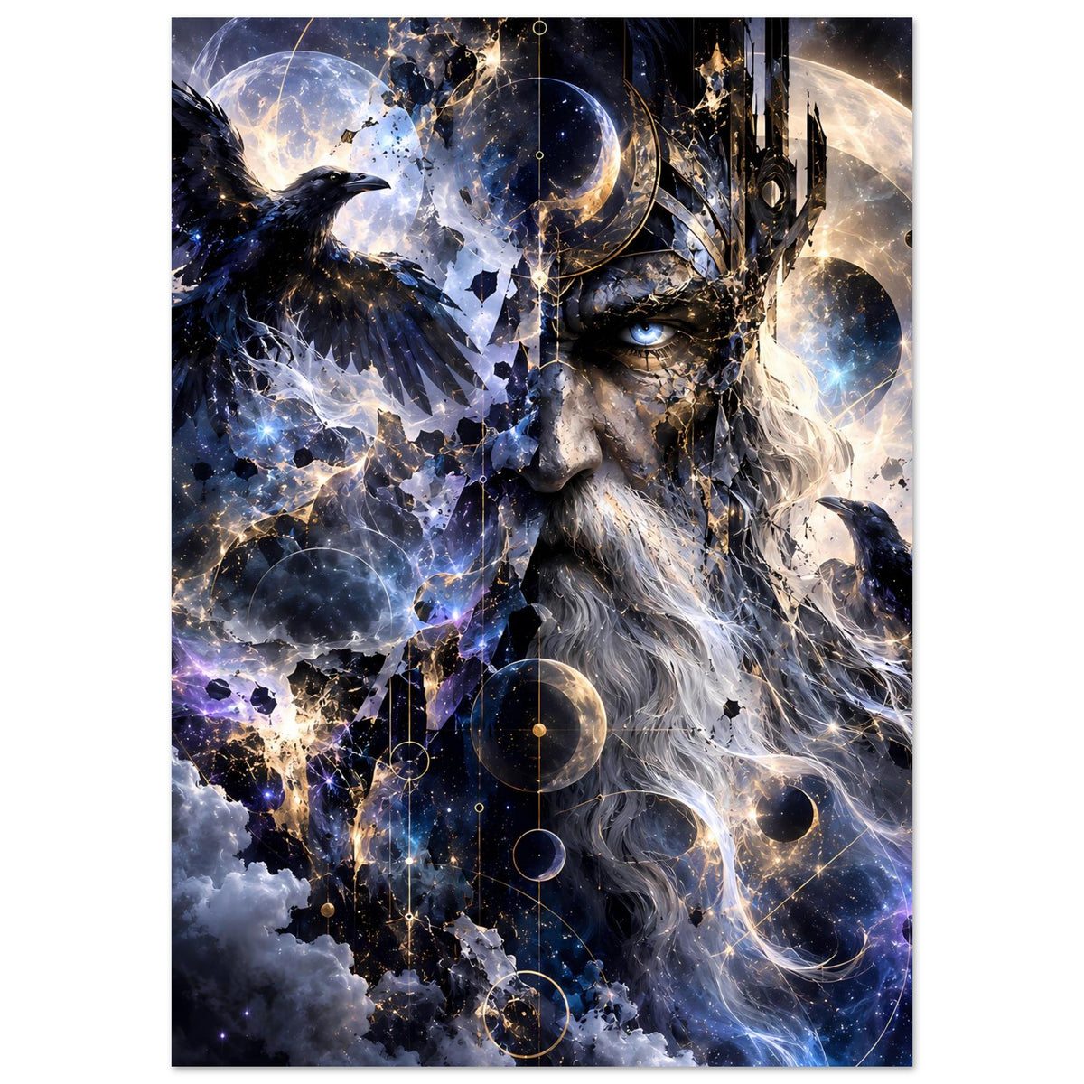 Fantasy-Poster: König mit Silberbart, Rabe, dunkler Sternenhimmel und Kreise