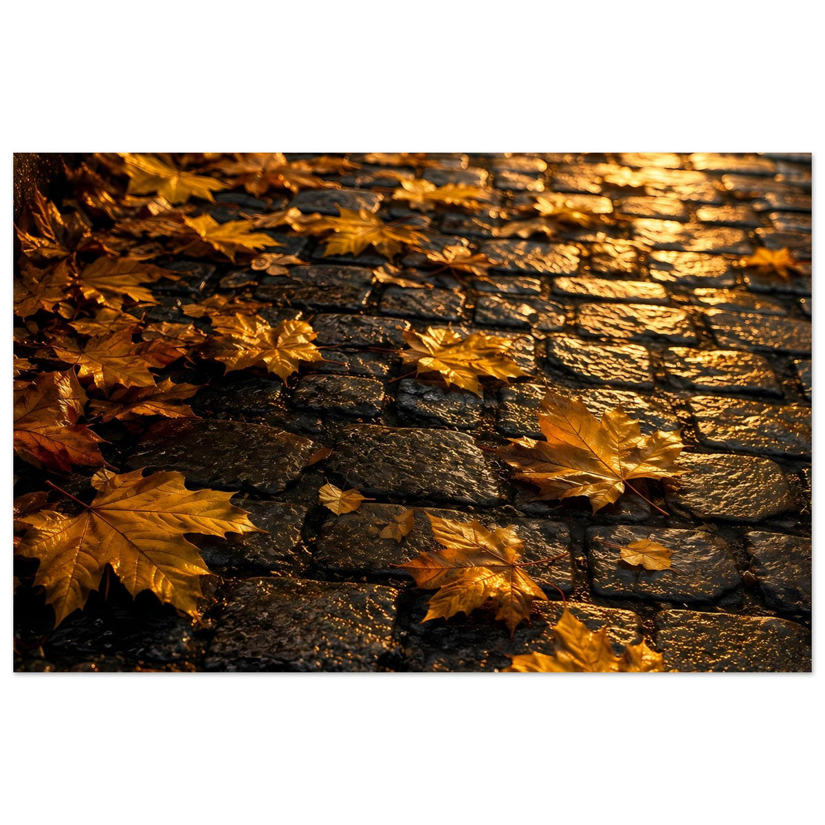 Herbstliches Poster mit goldenen Blättern und dunkler Steinmauer, breite Ansicht