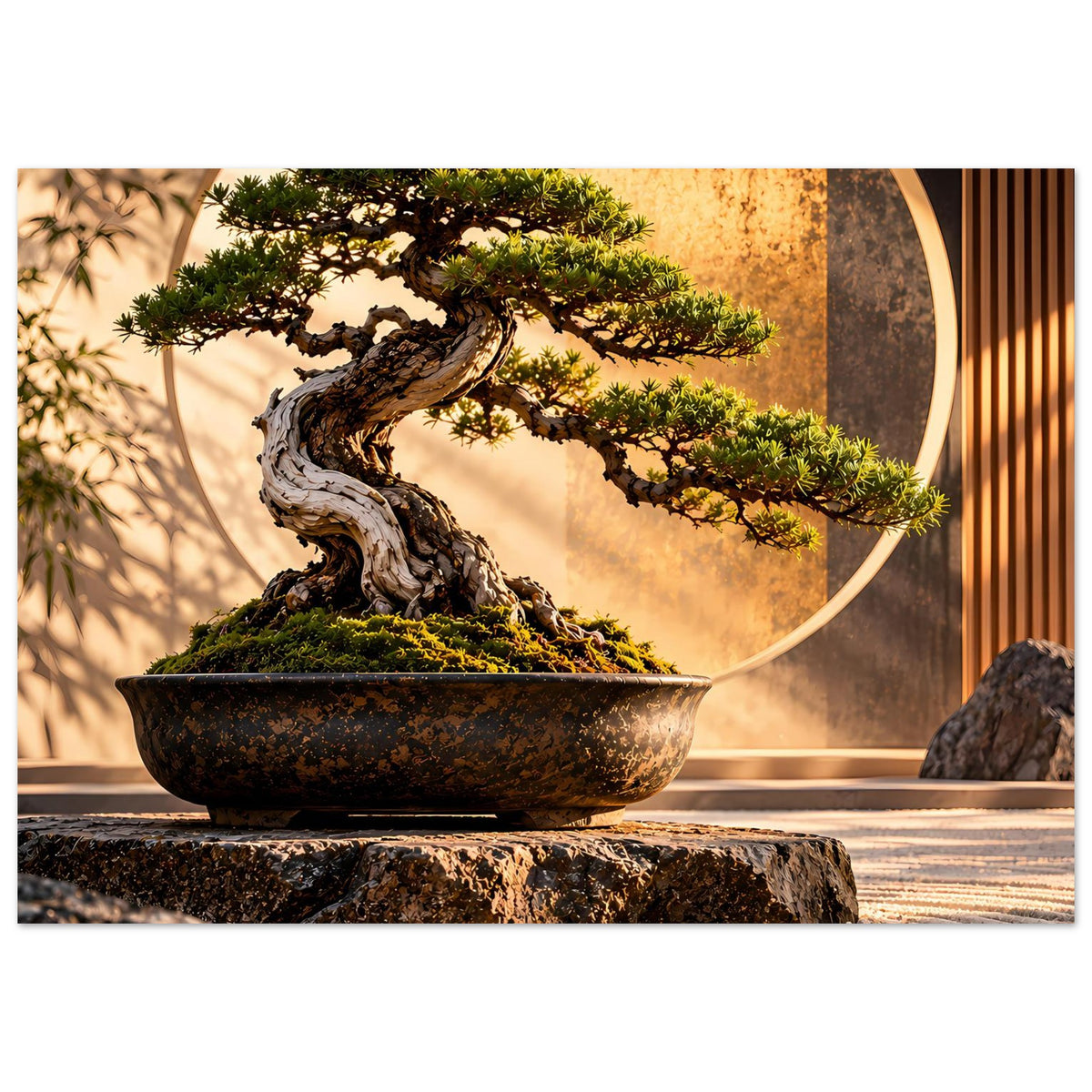 Poster mit Bonsai-Baum und Moospolster in dunkler Schale, Steinplatten im Vordergrund