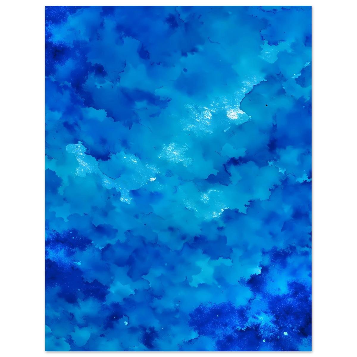 Blaues abstraktes Kunstposter mit Wolkenmuster-Aquarell und glänzendem Zentrum, vertikal