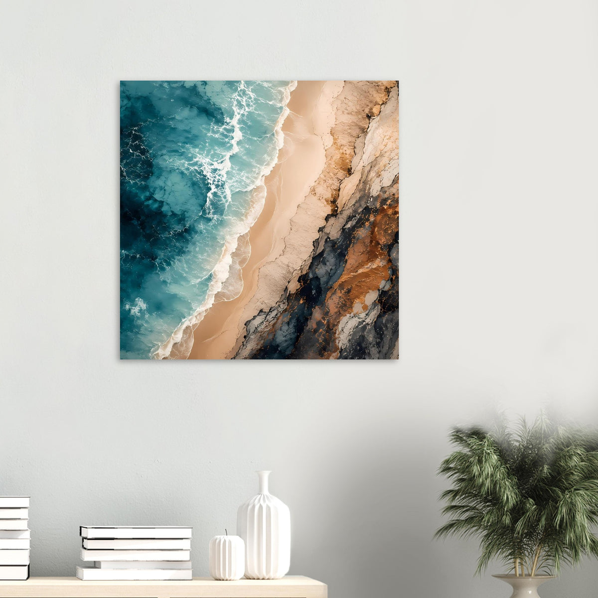 Wandposter (quadratisch) mit türkisfarbenem Meer, Sandstrand und Felsklippen