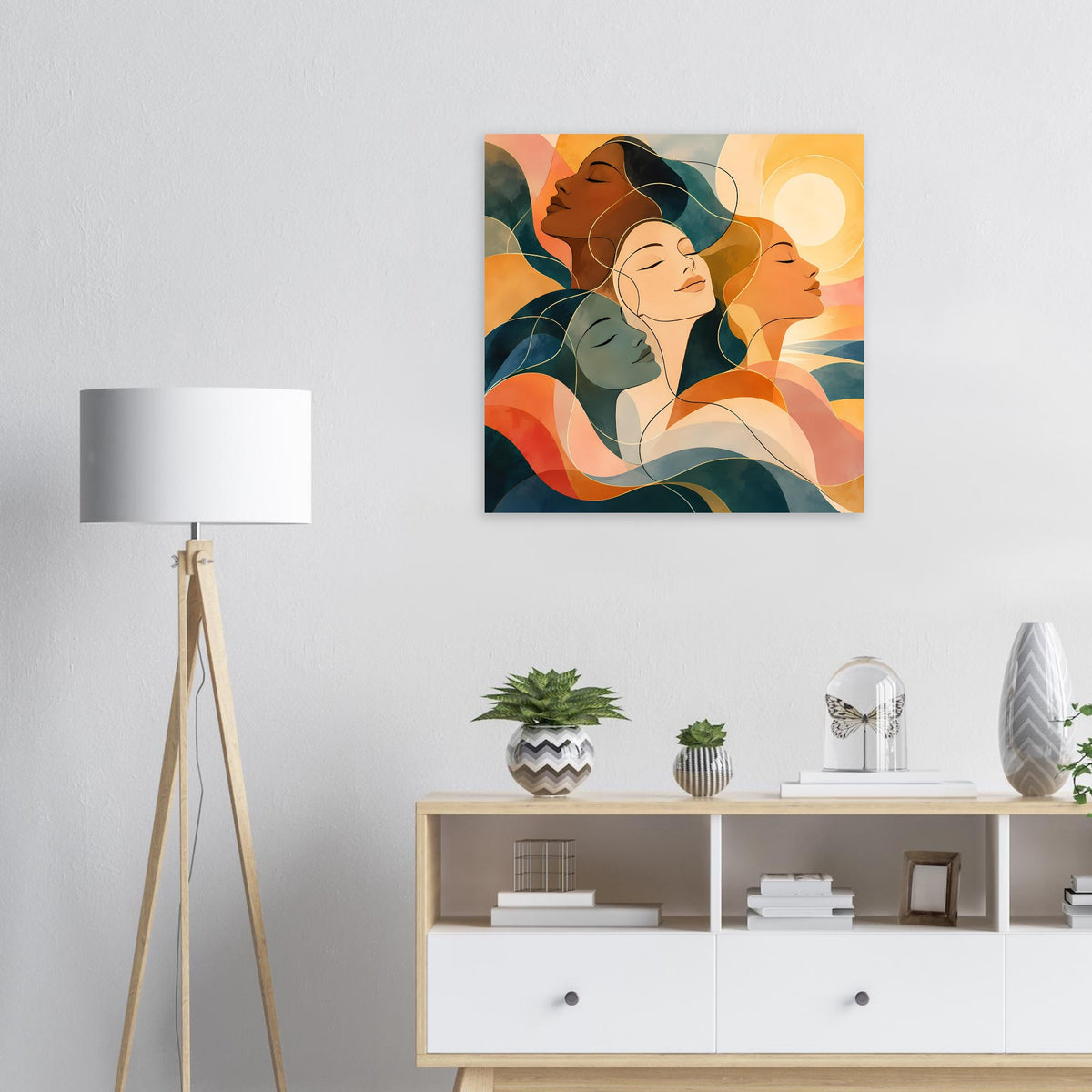 Abstraktes Kunstposter mit vier Porträts in warmen Erdtönen und Blau im Quadratformat