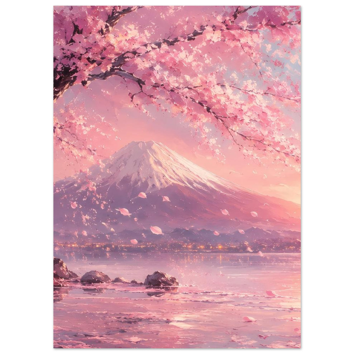 Vertikales Poster mit Kirschblüten, Fuji-Berg und spiegelndem rosafarbenem See