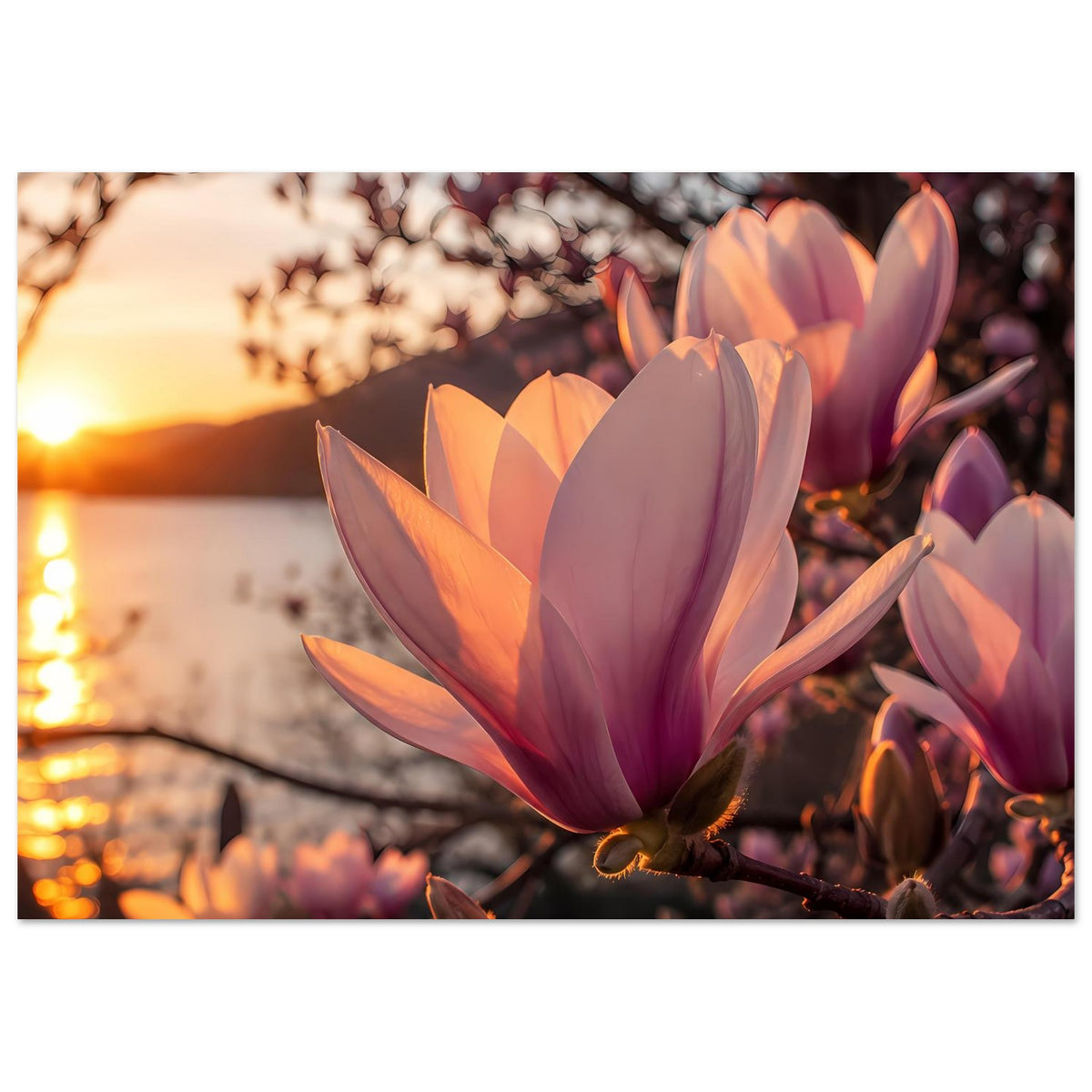Magnolienblüten-Poster: einzelne Magnolienblüte in Lila und Rosa, umgeben von Knospen