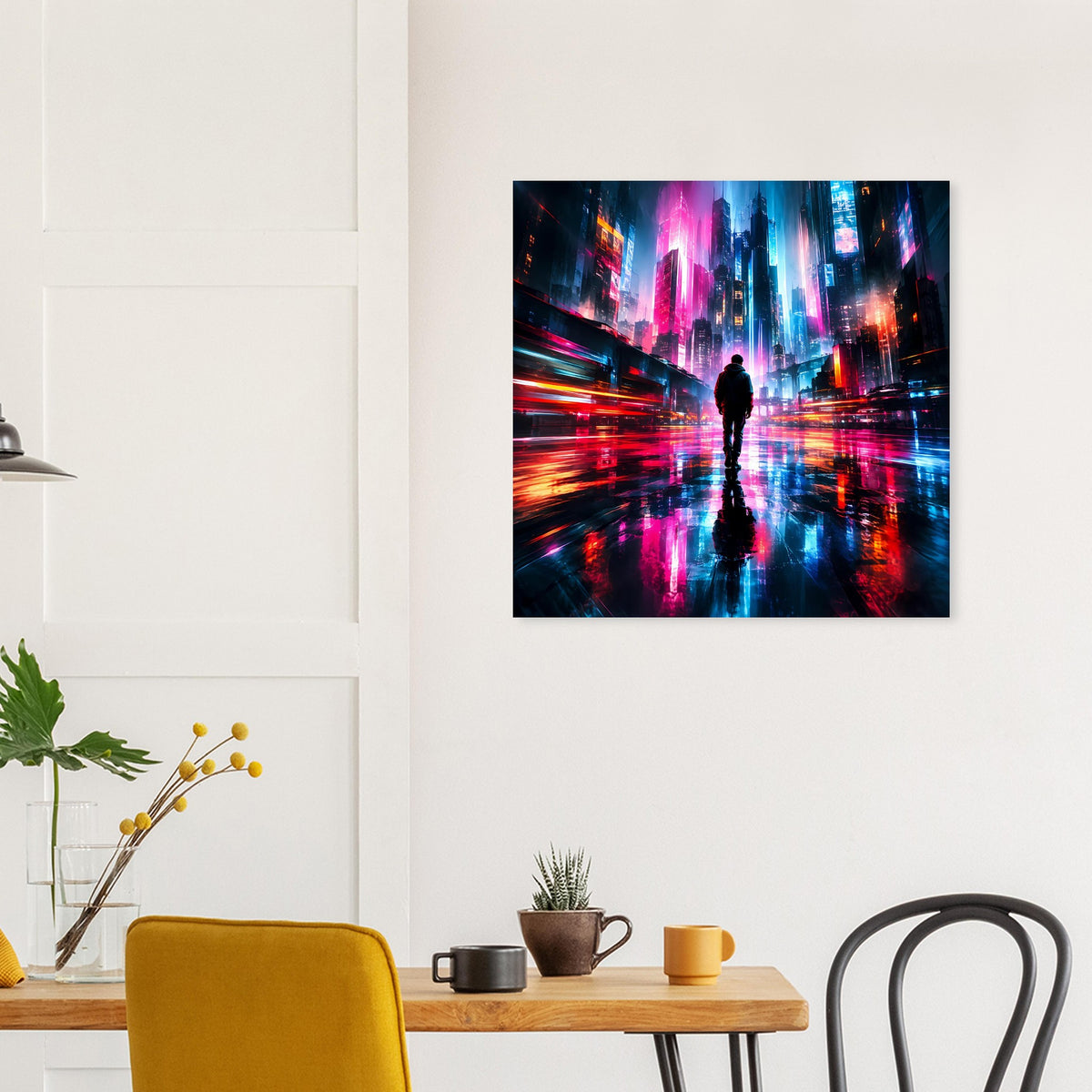 Cyberpunk-Poster mit Neonstadt-Lichtspuren in Blau, Pink und Orange