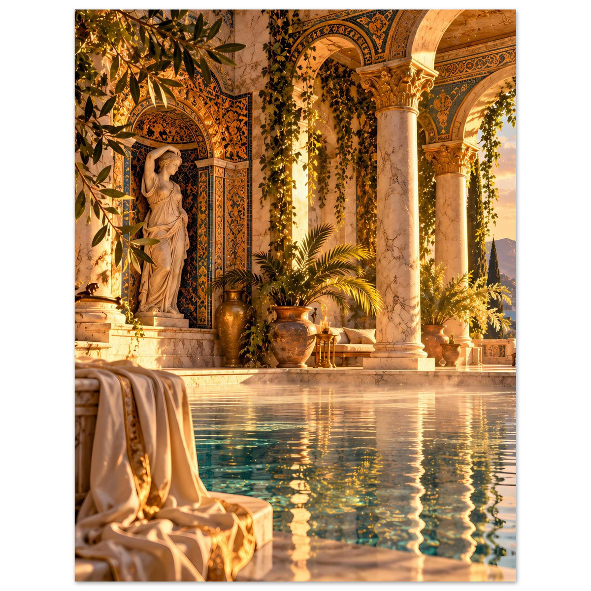 Mediterranes Poolposter mit Blick auf Säulenbogen, Statue und Spiegelung im Wasser