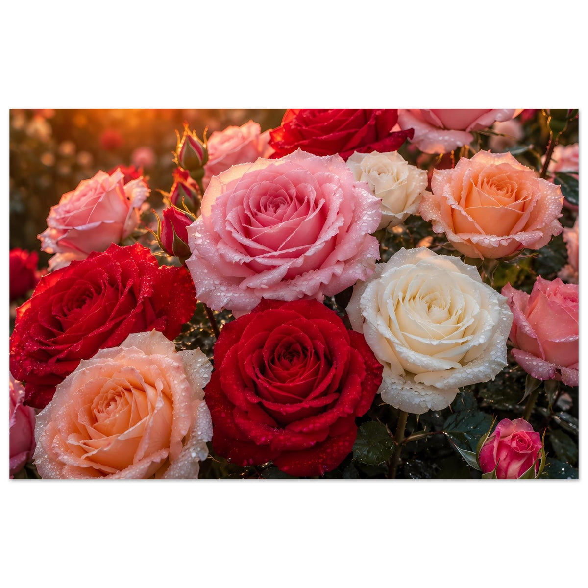 Rosenblüten-Poster mit Taufrische: Nahansicht aus roten, rosa und weißen Rosen