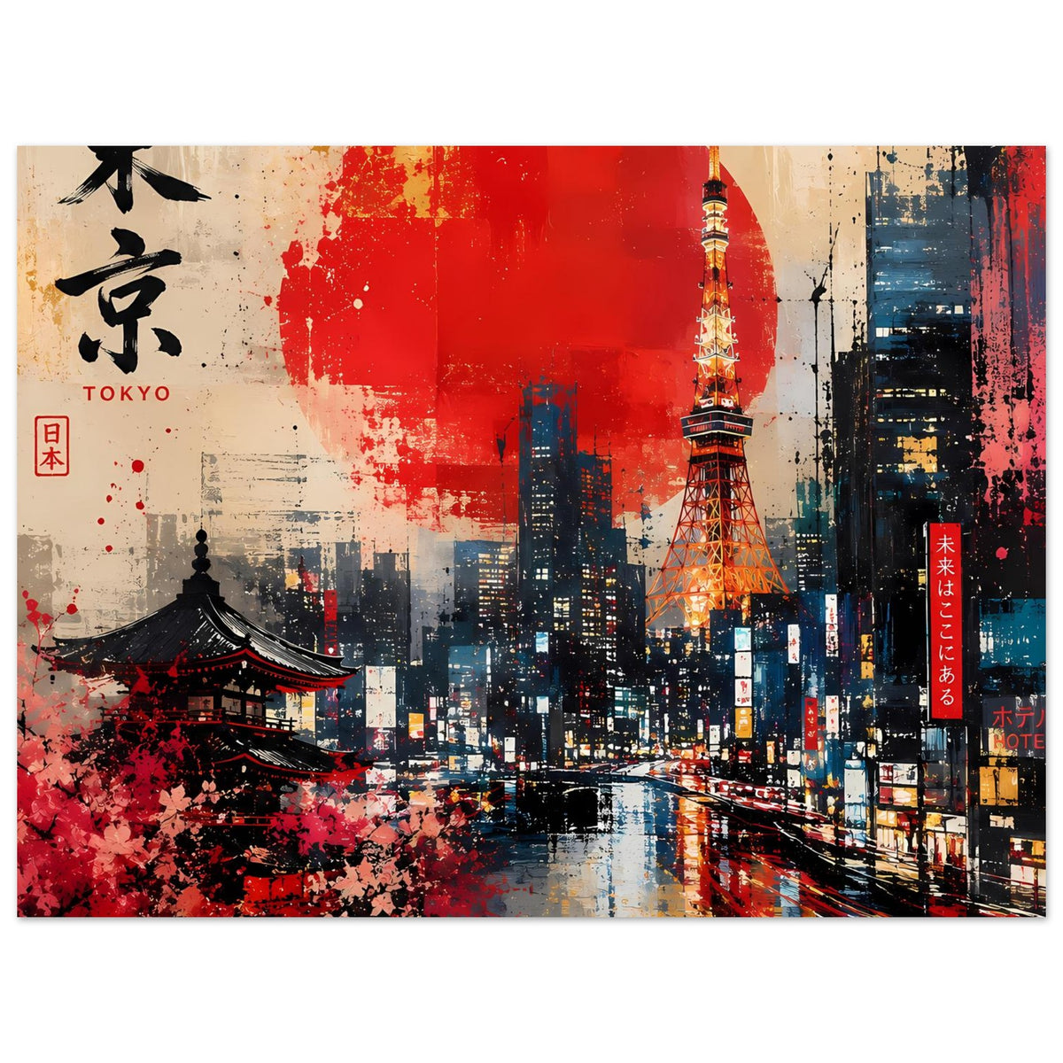 Abstraktes Poster mit Tokyo-Skyline, roter Sonne, Tokyo Tower und Zeichen links