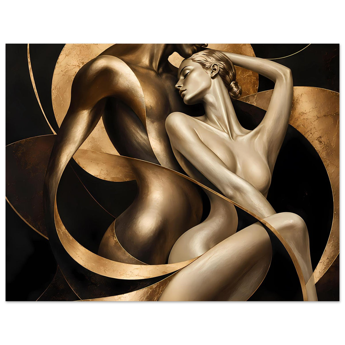 Kunstposter mit gold- und bronzefarbenen Frauenfiguren, dynamische Posen und Kreislinien