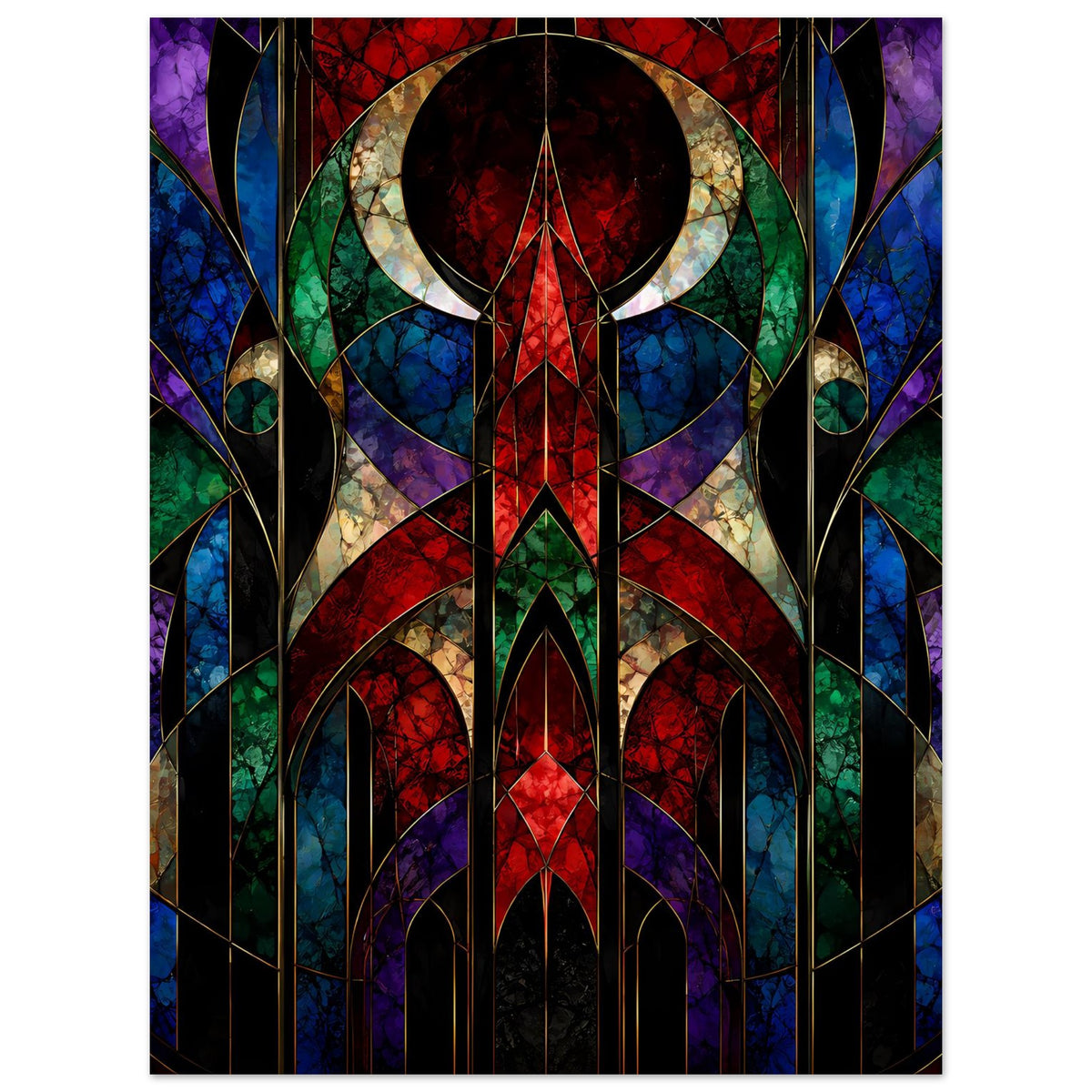 Art-déco-Poster mit geometrischem Buntglas-Mosaik in Rot, Blau und Grün
