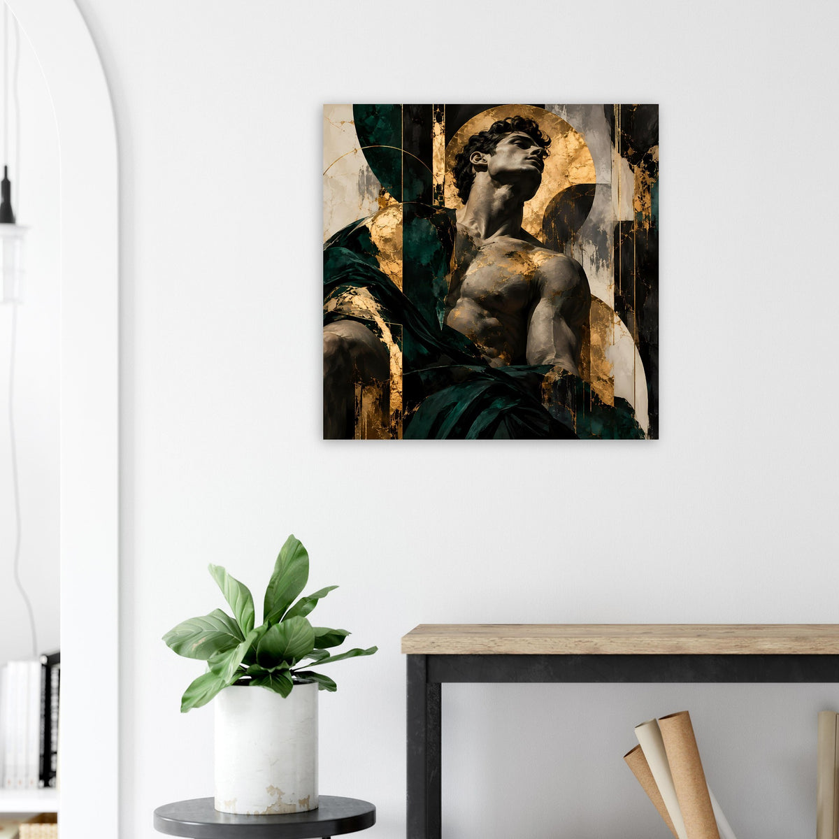 Barockes Kunstposter: Porträtfigur vor dunkelgrünem und goldfarbenem Dekor