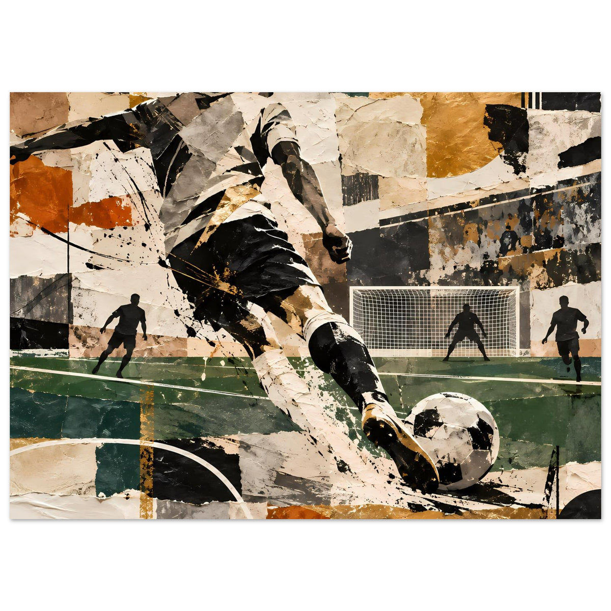 Horizontales Kunstposter mit abstraktem Fußballspieler und Ball, grün-gelb-braune Collage, Holzrahmen