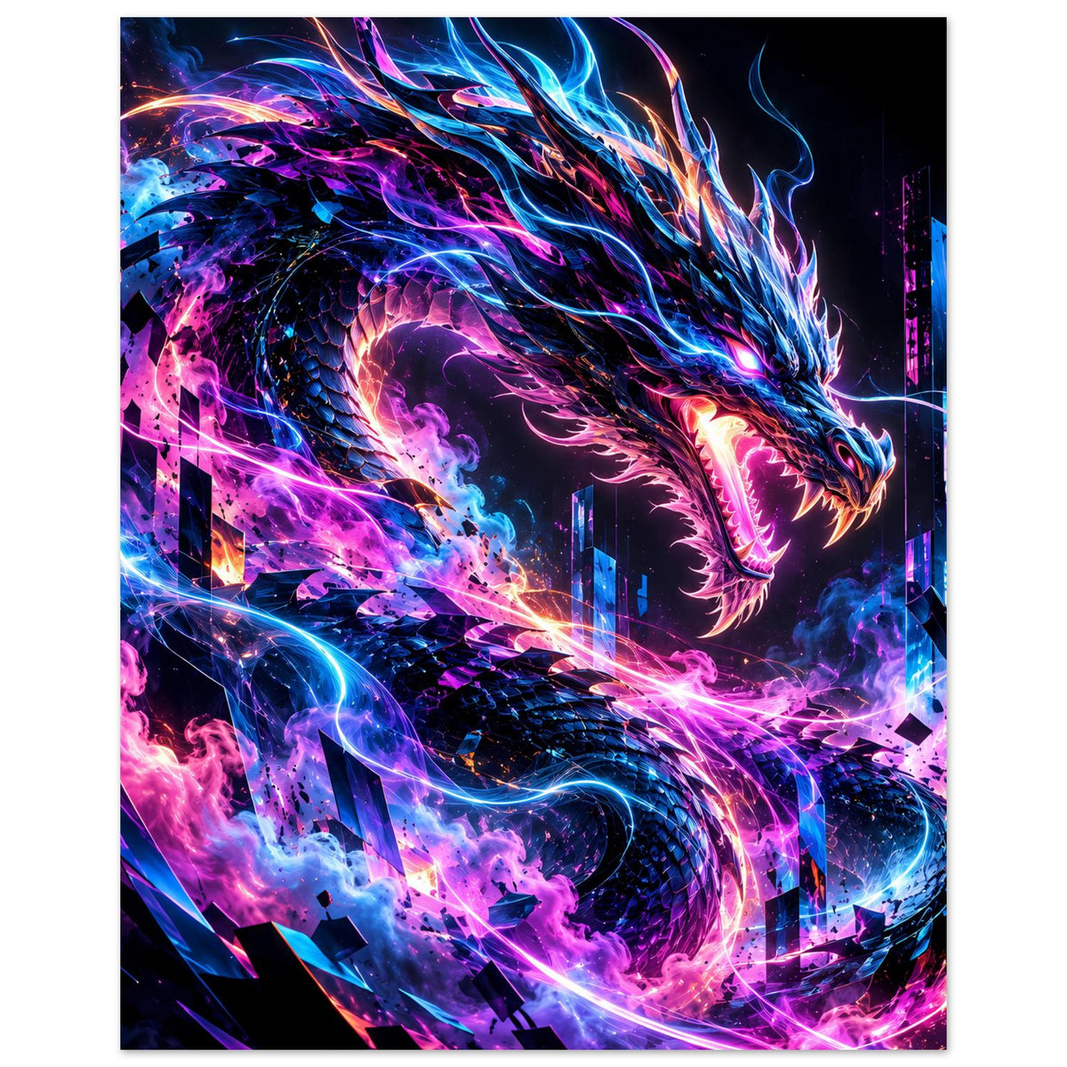 Poster mit Cyber-Drache in Neon, großer leuchtender Kopf und Energie in Blau und Lila