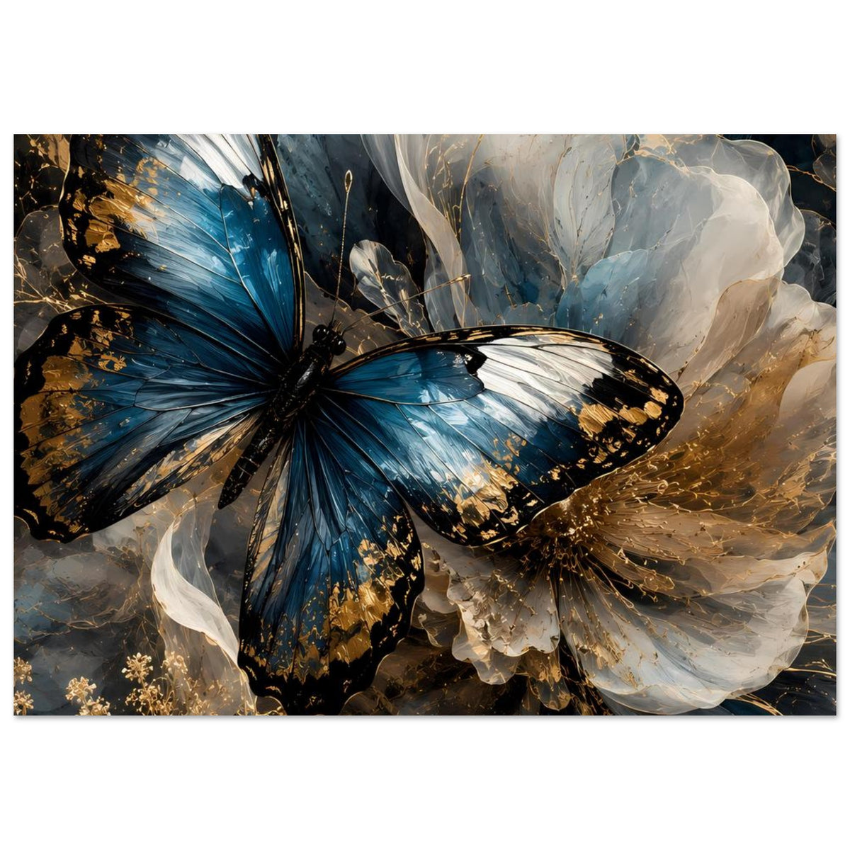 Rechteckiges Poster mit blauem Schmetterling, goldenen Linien und weißen Federbereichen
