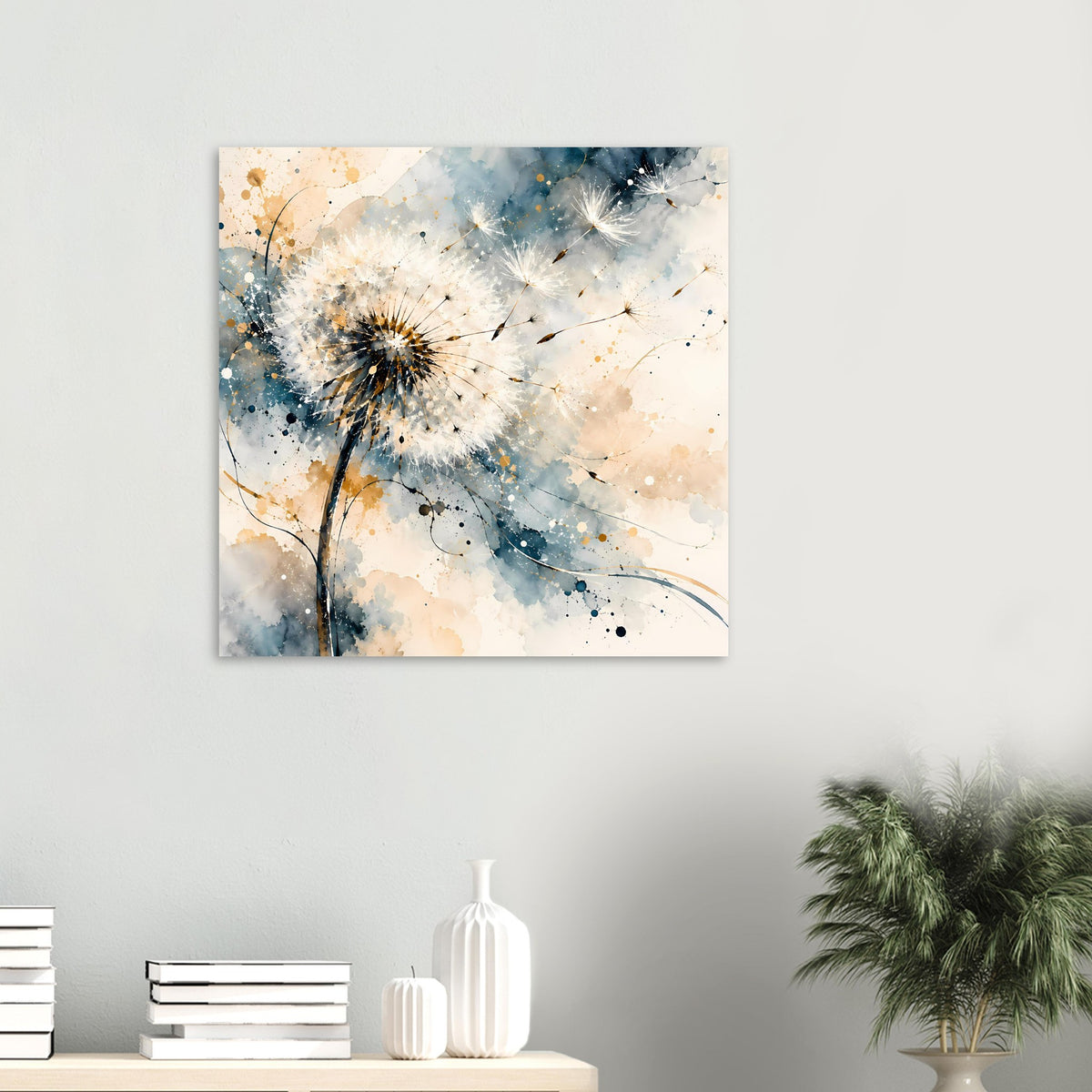 Kleinformatiges Kunstposter mit Pusteblume, blaues Aquarell und goldene Akzente
