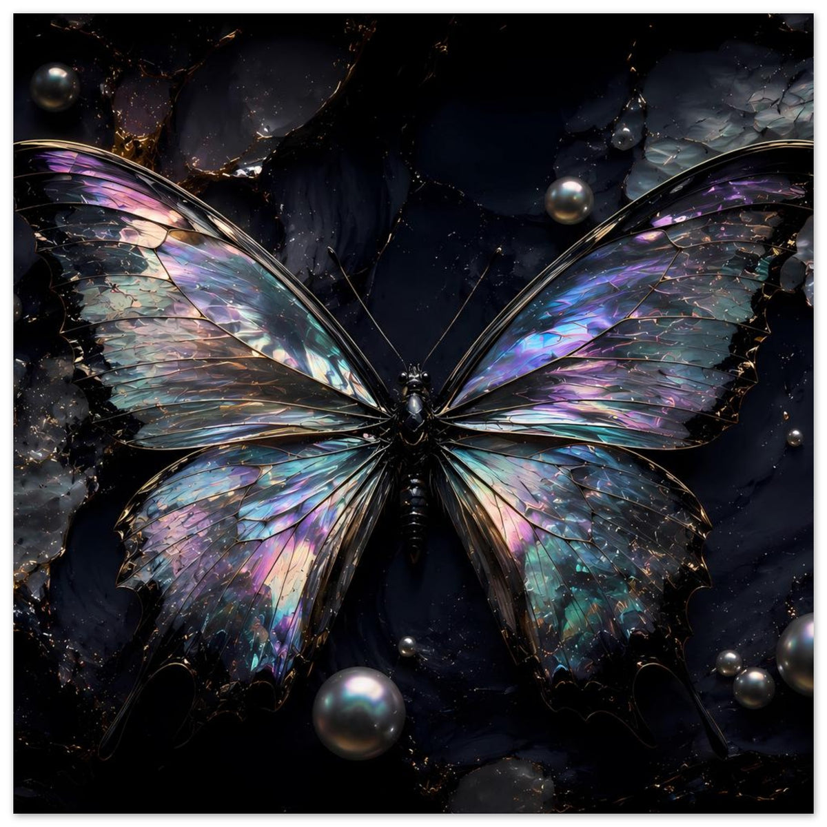 Schmetterling-Poster mit irisierenden Flügeln und silbernen Kugeln auf dunklem Grund