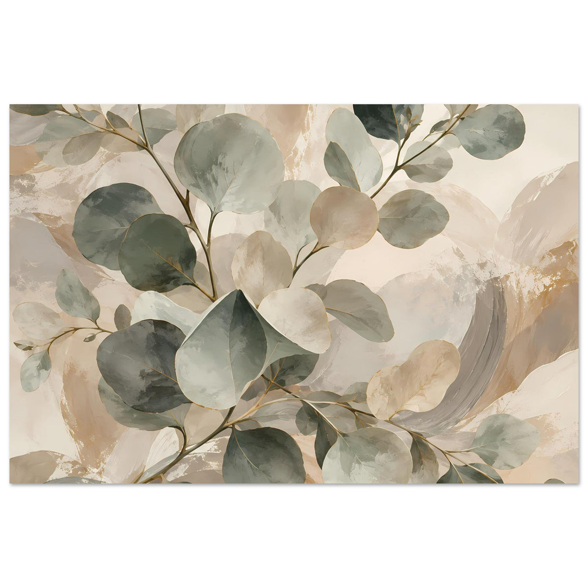 Botanisches Aquarellposter mit Eukalyptusblättern und Zweigen in Salbeigrün/Beige