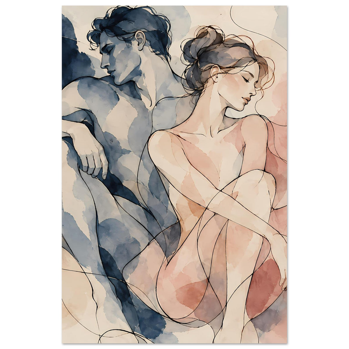 Aquarell-Paarposter im Hochformat: Paarporträt in Blau-Rosa-Aquarell, zarte Konturlinien