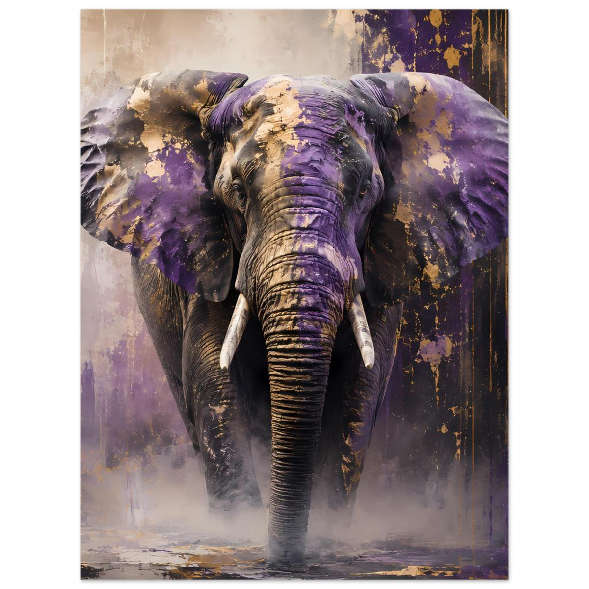 Abstraktes Elefantenposter: Elefantenkopf und Rüssel vorn, violett-goldene Spritzer im Hochformat