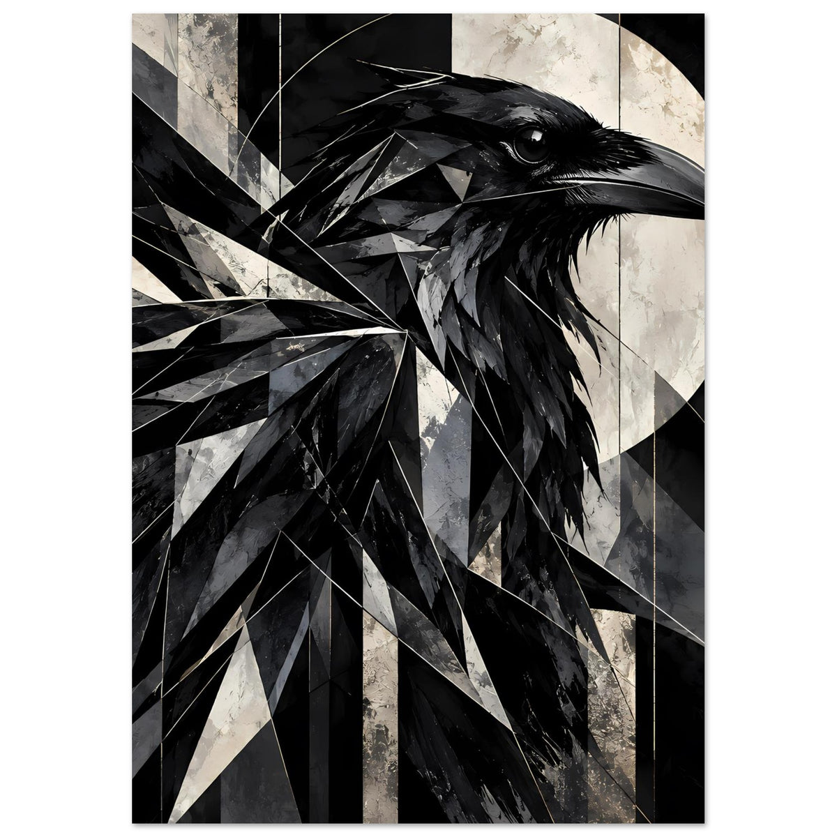 Kunstposter mit Rabenmotiv, geometrische Dreiecke in Schwarz und Weiß, Blick nach rechts