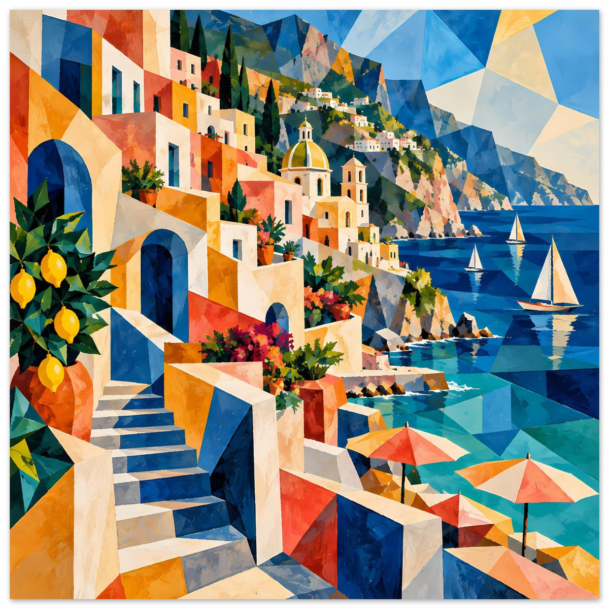 Mediterranes Küstenkunstposter querformat, Treppe, Häuser, Meer und gelbe Zitrusdeko