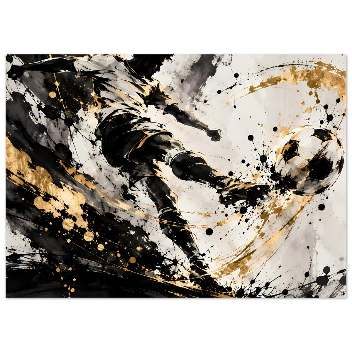 Fußballspieler-Poster im Schwarz-Gold-Stil: Spielerfigur und Ball im Spritzdekor