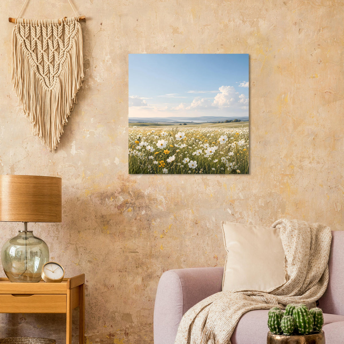 Wildblumenwiesen-Poster: viele weiße Blüten in einer Feldwiese unter Wolkenhimmel