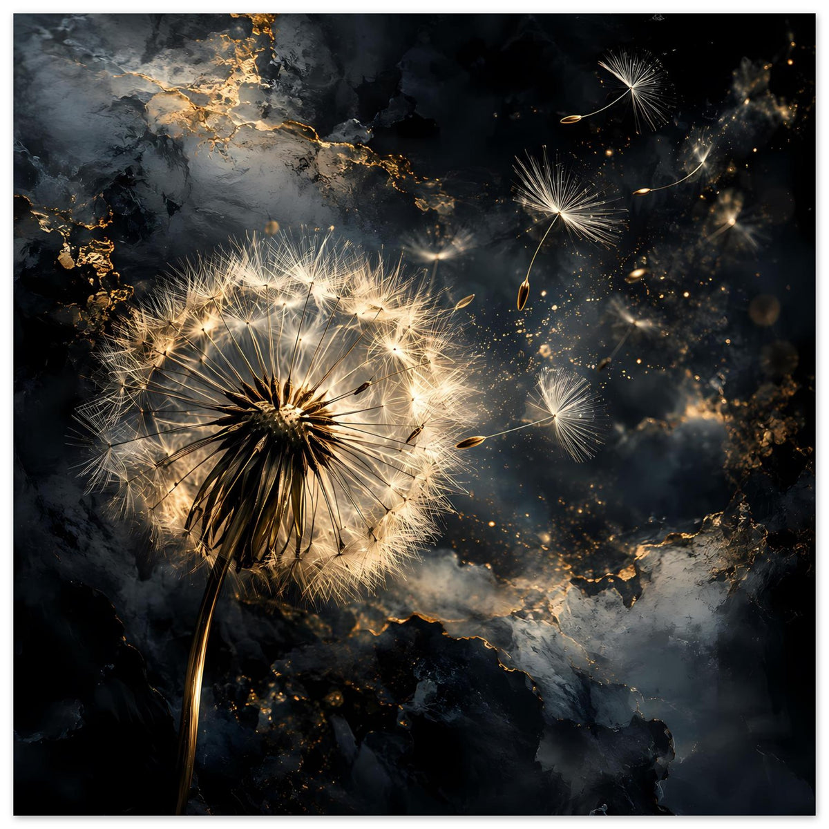 Mattes Poster mit goldener Pusteblume, Funken und Sternschnuppen über Wolkenstruktur
