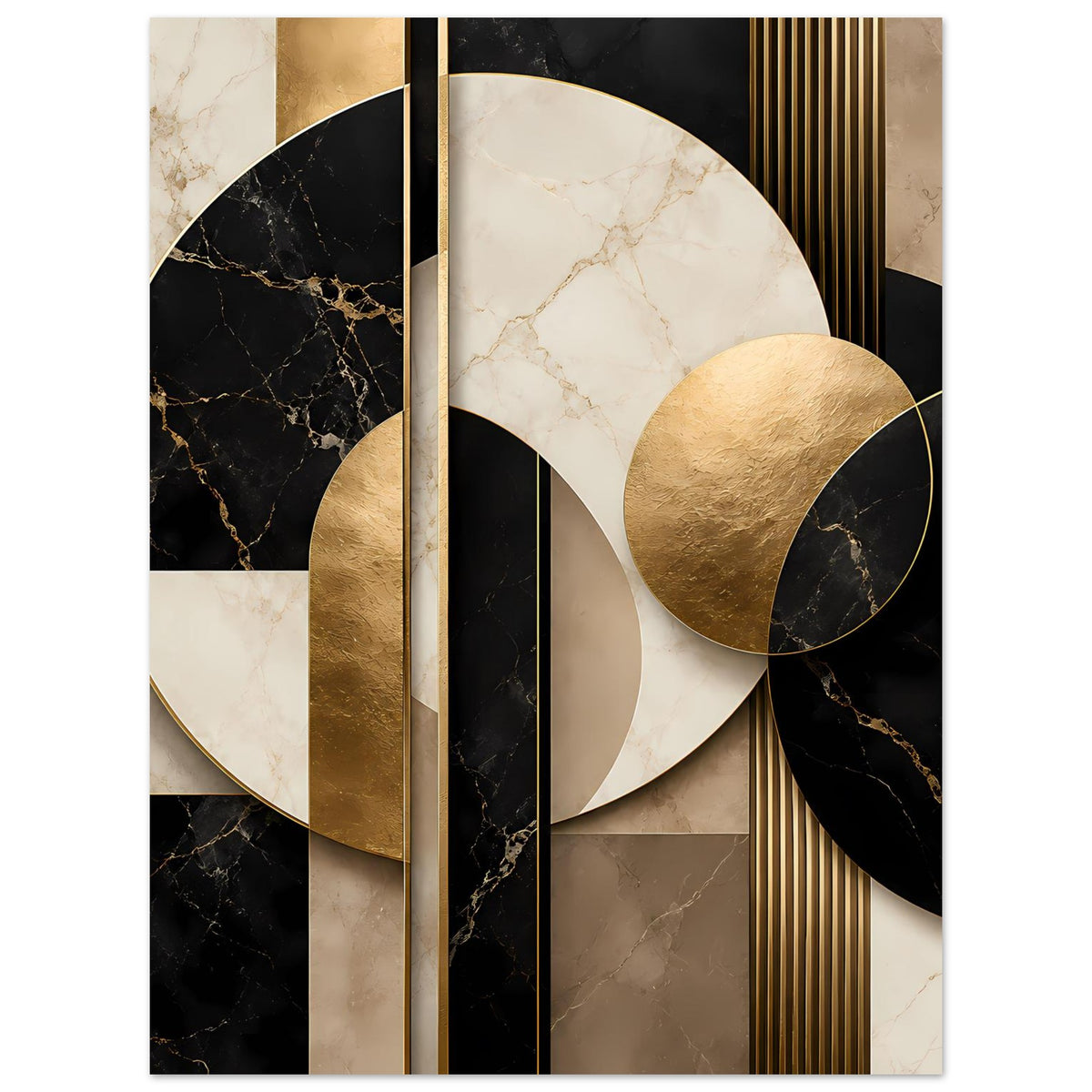 Poster mit geometrischem Marmor- und Goldmotiv: große Kreisbögen und goldfarbene Kurve