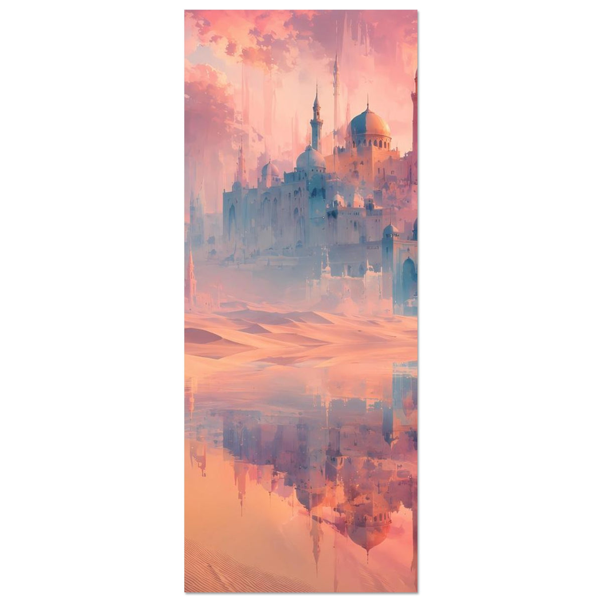 Poster Hochformat: orientalischer Palast mit Kuppeln und Minaretten, rosa-oranges Licht, Spiegelung