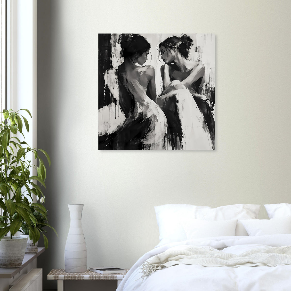 Schwarzweiß-Porträt-Poster mit zwei Frauen im Profil und abgewandtem Blick