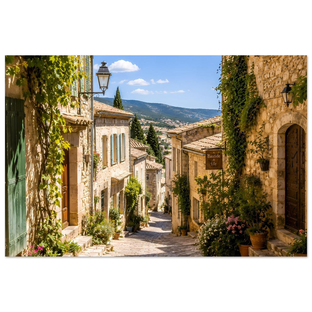 Straßenposter im Querformat: mediterrane Gasse mit Steinbauten, Reben und Blumenkübeln.