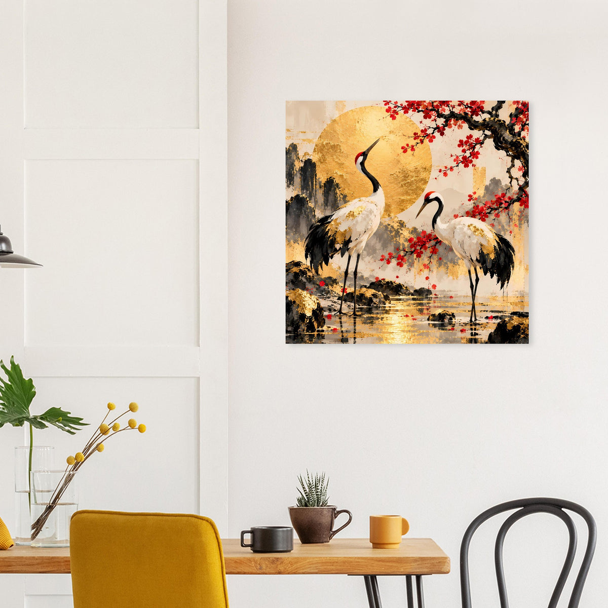 Quadratisches Poster mit Kranichen und rotem Kirschblütenzweig, goldene Lichtfläche