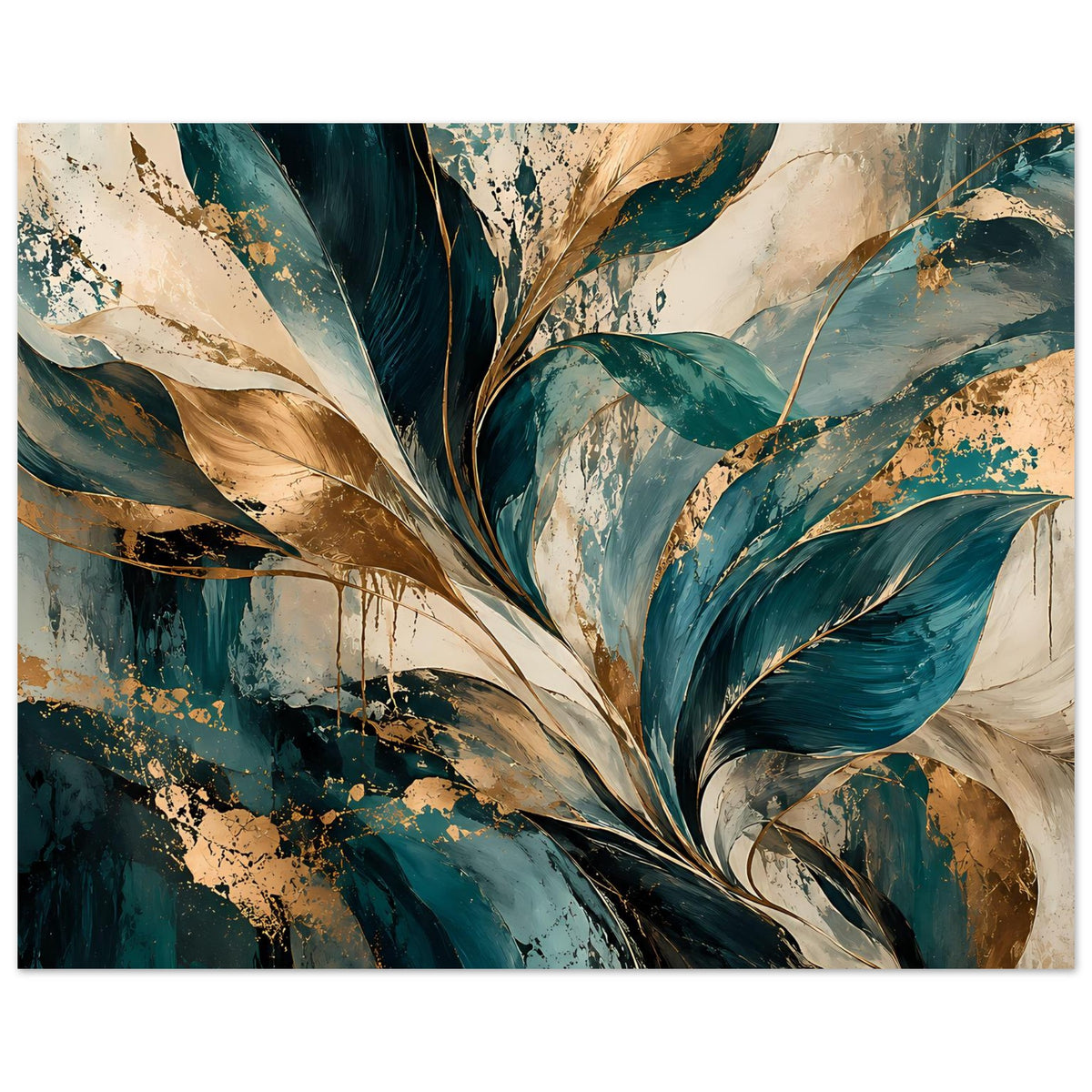 Abstraktes Blattkunst-Poster mit grünlich-blauen Blättern, beigen Flächen und goldenen Akzenten.