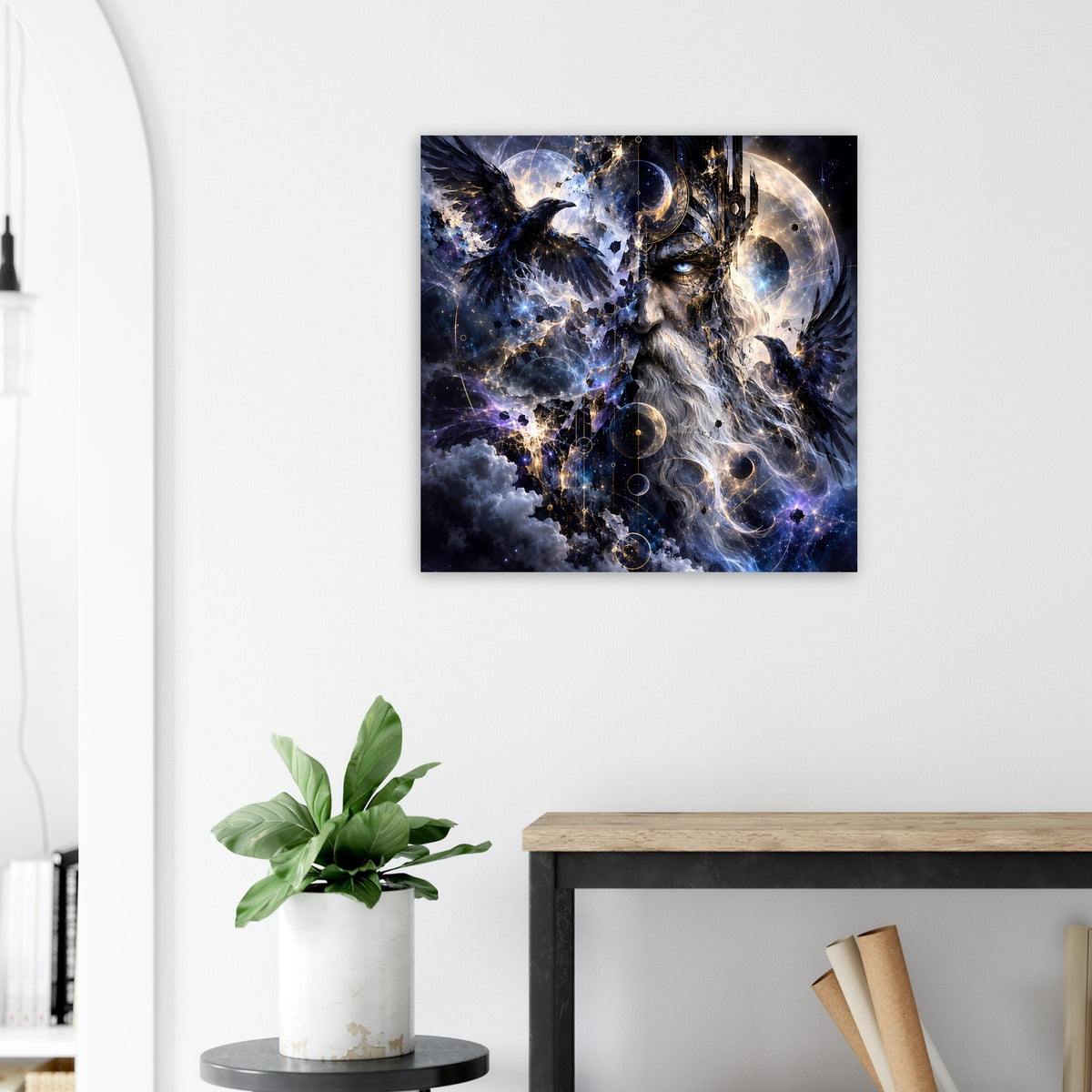 Fantasy-Poster mit Rabe im Vordergrund und kosmischem Gesicht, Sterne in Blau