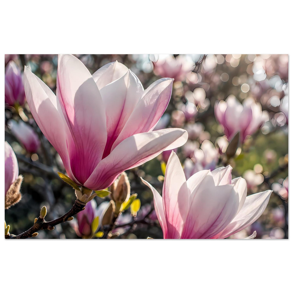 Poster mit zwei rosa-weißen Magnolienblüten auf Zweig, sanft unscharfer Bokeh-Hintergrund