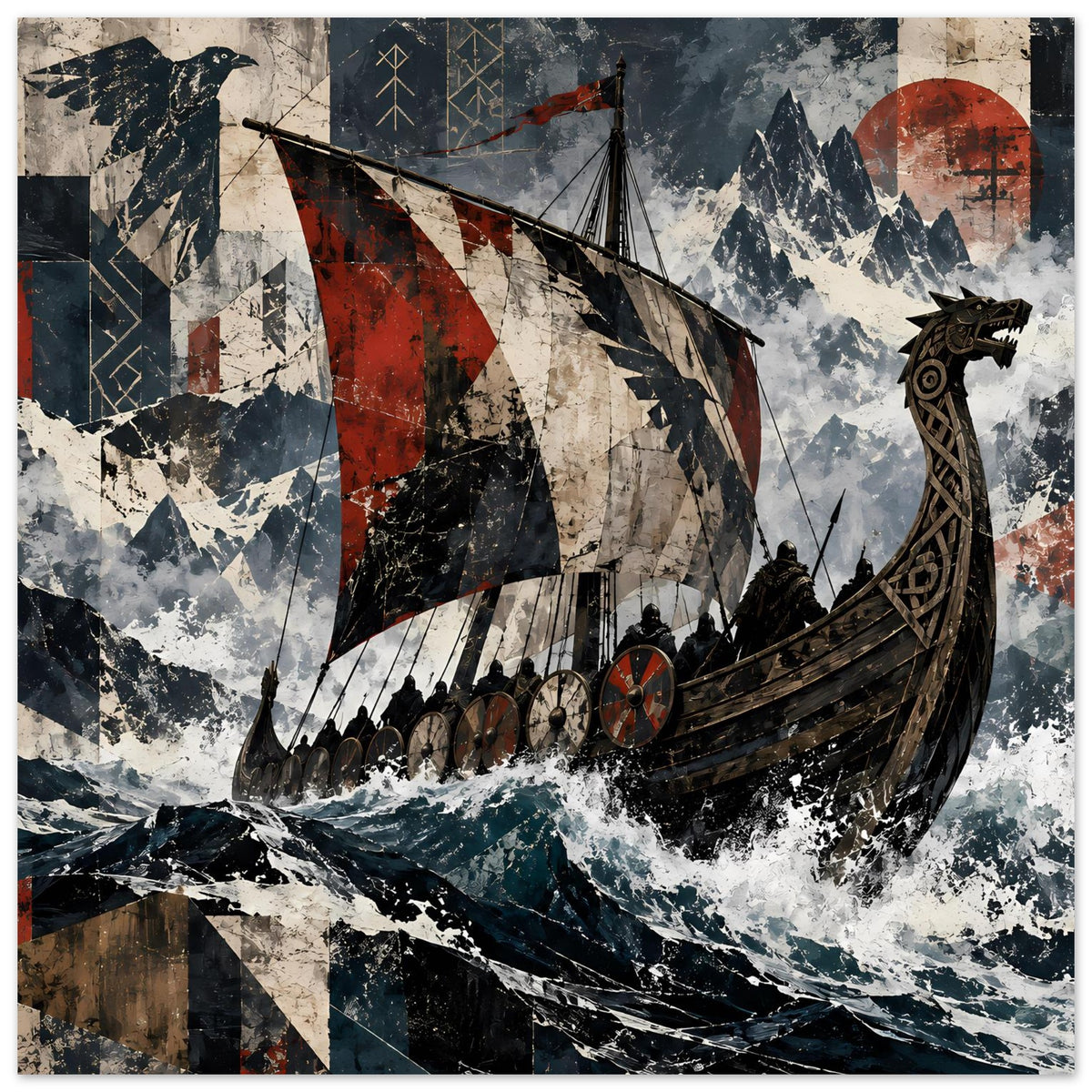Poster mit Wikingerschiff, roten Segeln und rauer Grafik, quadratisch
