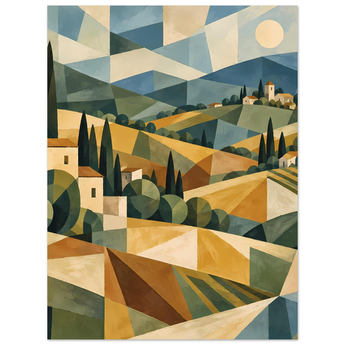 Poster mit geometrischer Landschaft in warmen Erdtönen, Häusergruppe und Zypressen