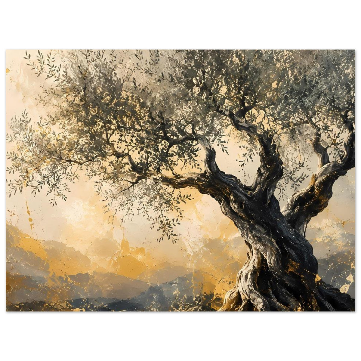 Poster mit Olivenbaum-Motiv, dunkler Baumkrone, warmem Licht und Landschaft im Hintergrund