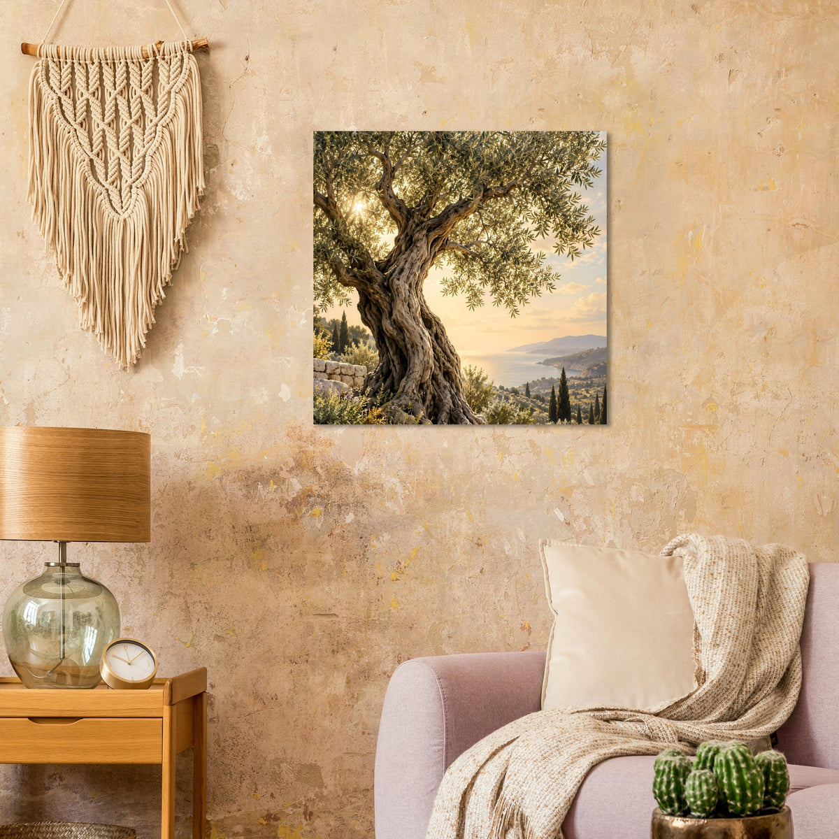 Wandposter mit Olivenbaum, weitem Horizont und Abendlicht über der mediterranen Landschaft