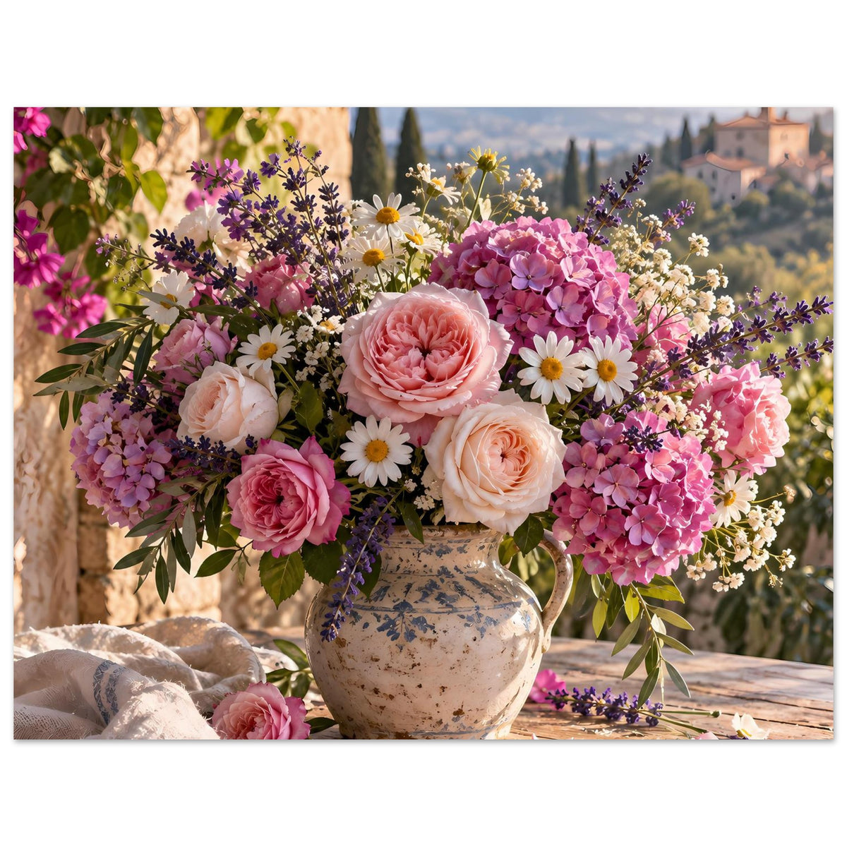 Blumenposter mit buntem Blumenstrauß in Keramikvase, Querformat