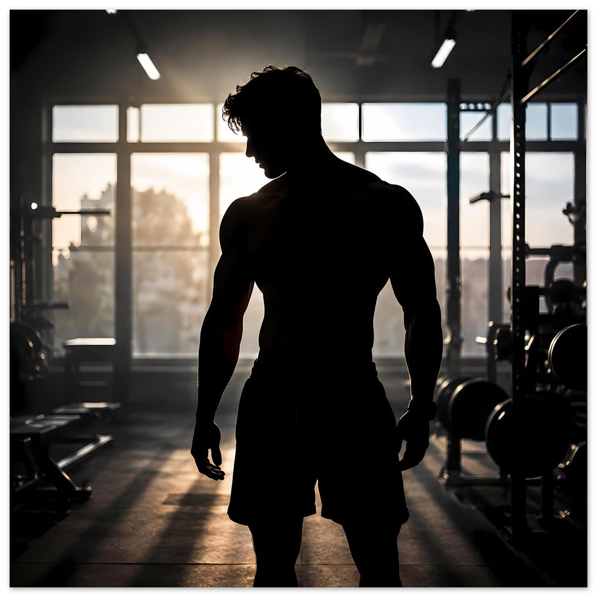 Quadratisches Poster mit Silhouette eines trainierenden Mannes im Fitnessstudio