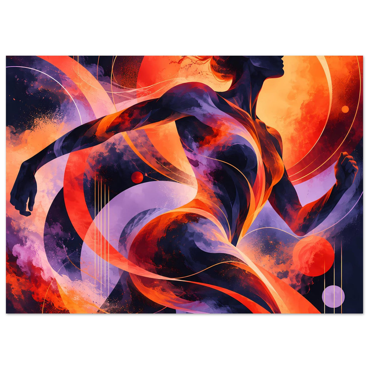 Querformat-Poster mit abstrakter Silhouette und Kreisformen in Orange, Violett und Dunkelblau