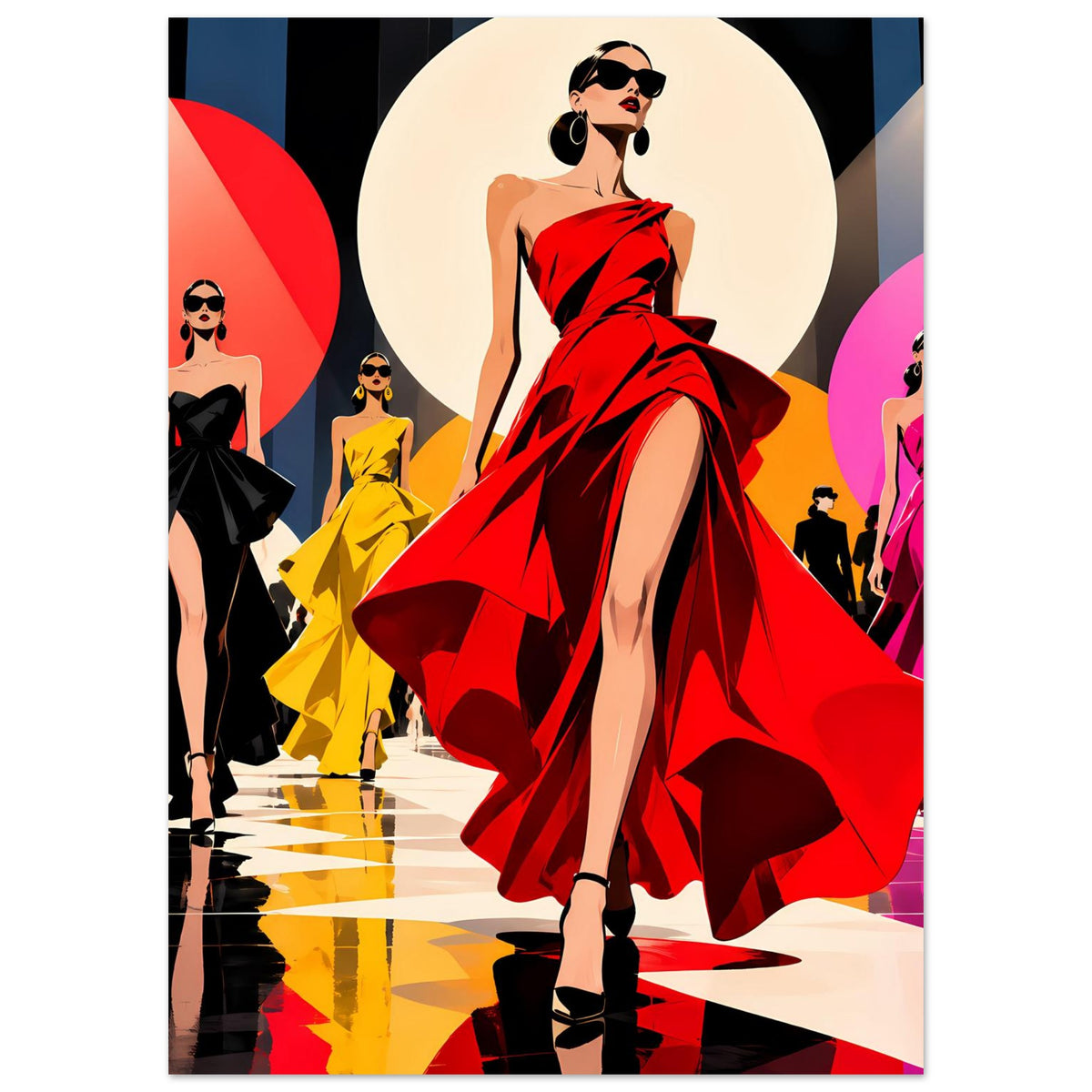 Wandposter: Modeillustration mit Frau im roten Abendkleid, große Farbfelder im Hintergrund