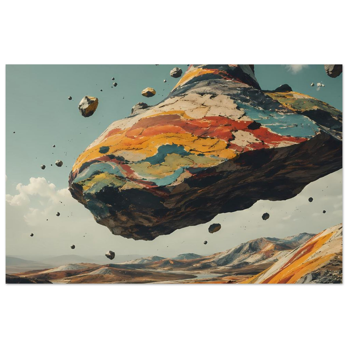 Kunstposter im Querformat mit schwebendem Bergmotiv in Orange, Blau und Gelbtönen
